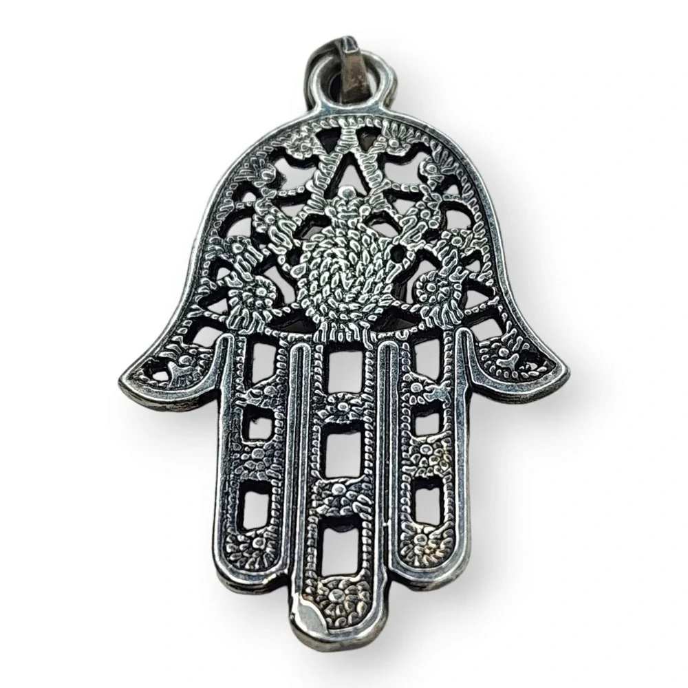 Vintage Hamsa Pendant Sterling Silver 925 Labradorite Blue Green 1.9